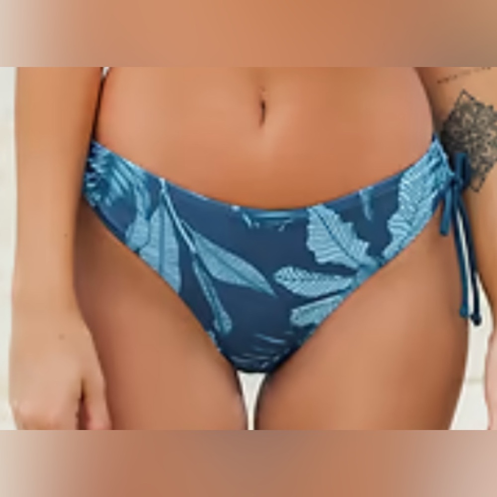 Blue Tropical Leaf Print Bikini Bottom MEDIUM swimsuit beach Tankini swimwear